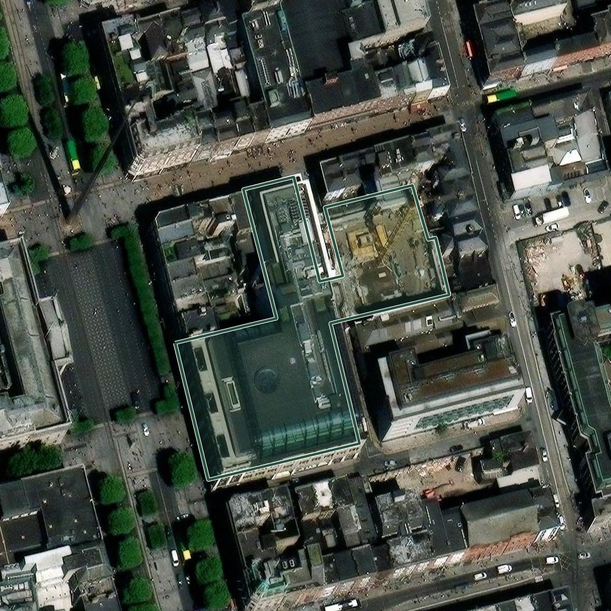 Satellite view of the Clerys Quarter site, O'Connell Street Lower, Dublin 1, with its boundary outlined in green